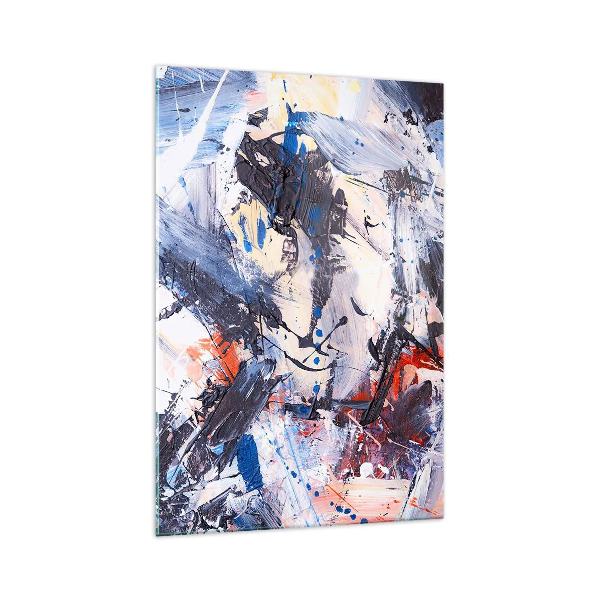Cuadro sobre vidrio - Impresiones sobre Vidrio - Abstracción con pinceladas dinámicas en azul y rojo. - 70x100cm - Danza loca de la abstracción - Decoración de pared moderna para salón y dormitorio ARTTOR