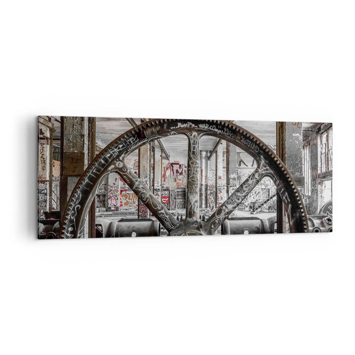 Cuadro sobre lienzo - Impresión de Imagen - Un antiguo mecanismo en un interior industrial abandonado. - 140x50cm - La vida secreta de una fábrica - Decoración de pared moderna para salón y dormitorio ARTTOR