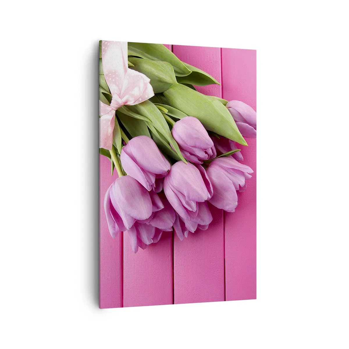 Cuadro sobre lienzo - Impresión de Imagen - Un ramo de tulipanes rosas con un lazo sobre un fondo rosa. - 80x120cm - Solo para ti - Decoración de pared moderna para salón y dormitorio ARTTOR