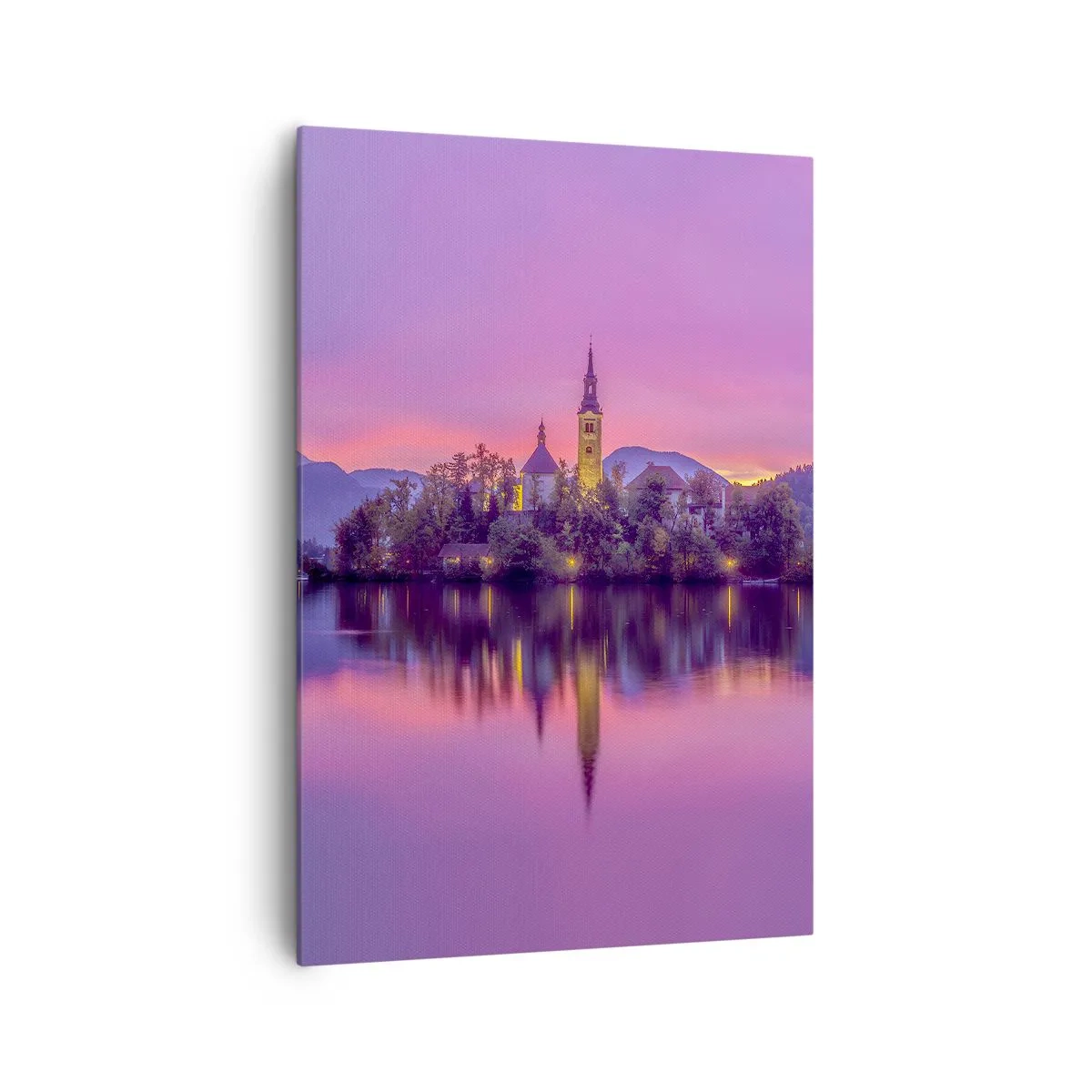 Cuadro sobre lienzo - Impresión de Imagen - Lago con una isla y una iglesia al atardecer - 70x100cm - Isla de cuento de hadas al atardecer  - Decoración de pared moderna para salón y dormitorio ARTTOR