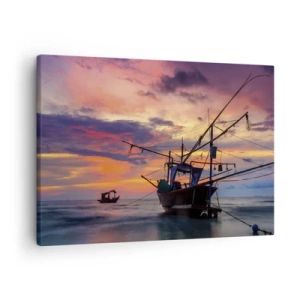 Cuadro sobre lienzo - Impresión de Imagen - Un barco pesquero con el telón de fondo de una colorida puesta de sol. - 70x50cm - Una noche exótica - Decoración de pared moderna para salón y dormitorio ARTTOR