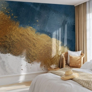 Fotomural Premium Sand - Abstracción azul marino y blanca con efecto de trazo dorado. - 100x70cm - Los colores del verano - Decoración de pared moderna para salón y dormitorio ARTTOR