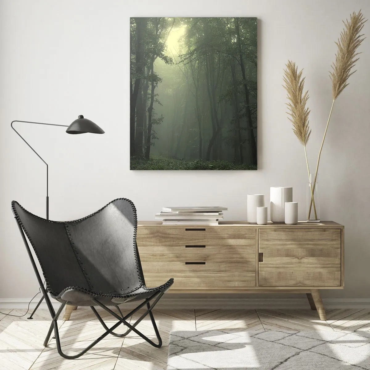 Cuadro sobre vidrio - Impresiones sobre Vidrio - Un bosque oscuro envuelto en niebla con rayos de luz. - 50x70cm - Antes de que se despierte el bosque - Decoración de pared moderna para salón y dormitorio ARTTOR