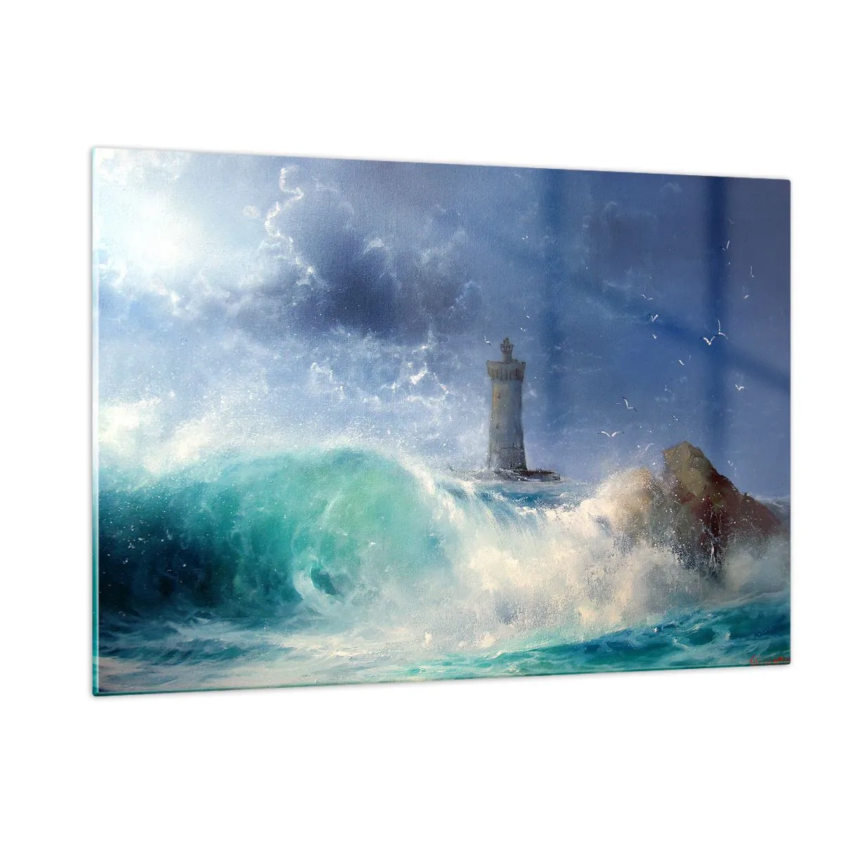 Cuadro sobre vidrio - Impresiones sobre Vidrio - Un faro entre las agitadas olas del océano - 120x80cm - En guardia contra los elementos - Decoración de pared moderna para salón y dormitorio ARTTOR