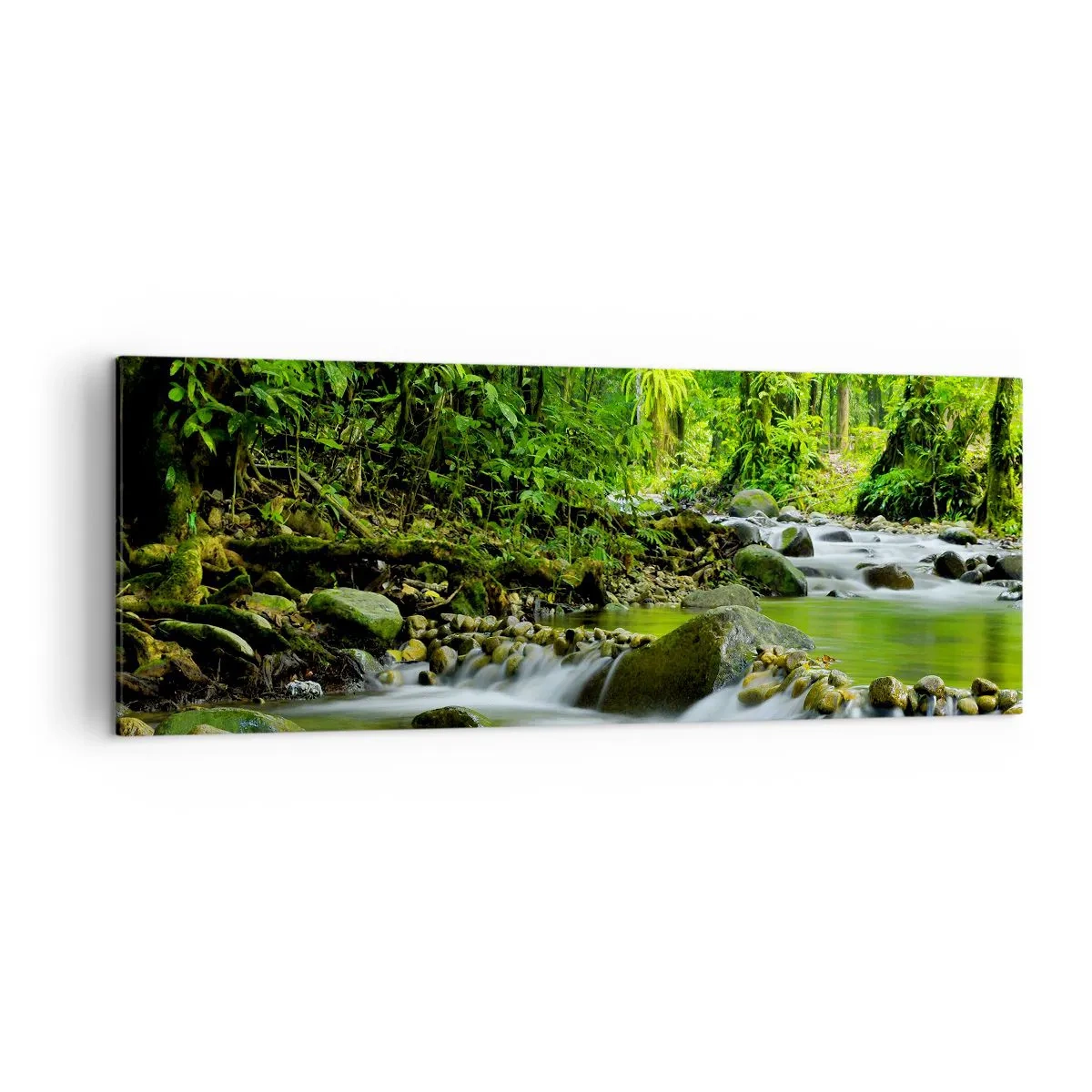 Cuadro sobre lienzo - Impresión de Imagen - Un arroyo en un exuberante bosque tropical. - 140x50cm - Flotar en un mar de verde - Decoración de pared moderna para salón y dormitorio ARTTOR