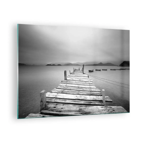 Cuadro sobre vidrio - Impresiones sobre Vidrio - Muelle de madera sobre un lago tranquilo en blanco y negro - 70x50cm - Más allá de las montañas, más allá de los mares - Decoración de pared moderna para salón y dormitorio ARTTOR