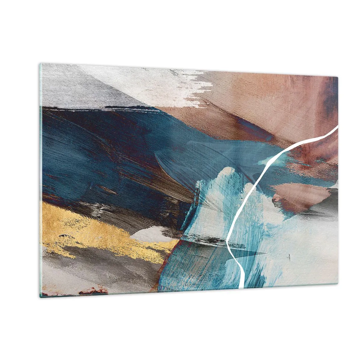 Cuadro sobre vidrio - Impresiones sobre Vidrio - Una composición abstracta en turquesa, dorado y marrón. - 120x80cm - Con estilo y energía - Decoración de pared moderna para salón y dormitorio ARTTOR