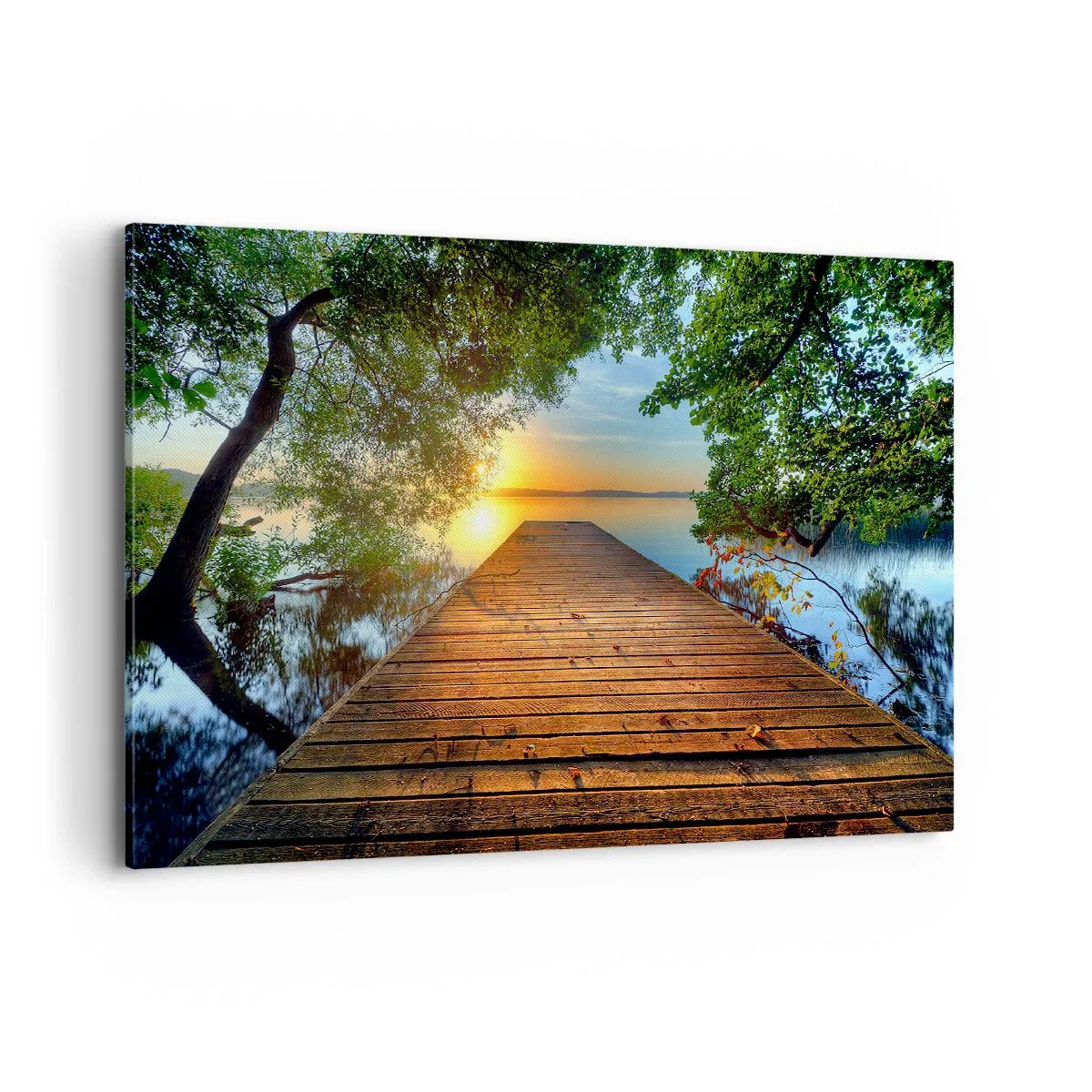 Cuadro sobre lienzo - Impresión de Imagen - Un muelle de madera rodeado de vegetación durante la puesta de sol. - 100x70cm - Tómate tu tiempo, siéntate - Decoración de pared moderna para salón y dormitorio ARTTOR