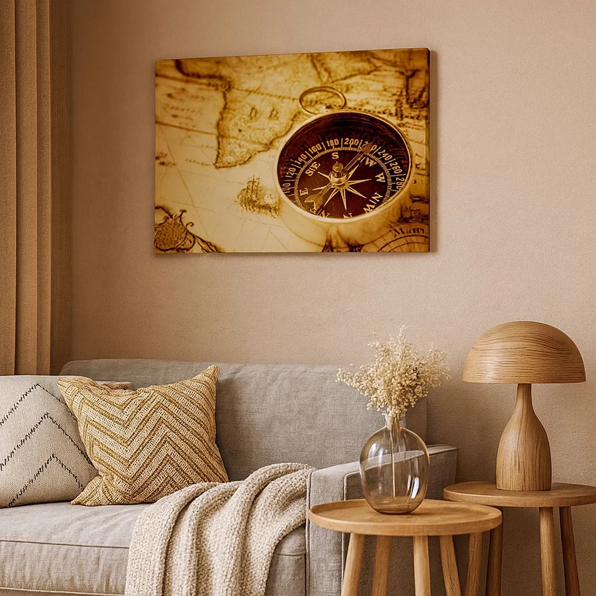 Cuadro sobre lienzo - Impresión de Imagen - Una brújula antigua sobre el fondo de un mapa del viejo mundo. - 70x50cm - ¿Este u Oeste? - Decoración de pared moderna para salón y dormitorio ARTTOR