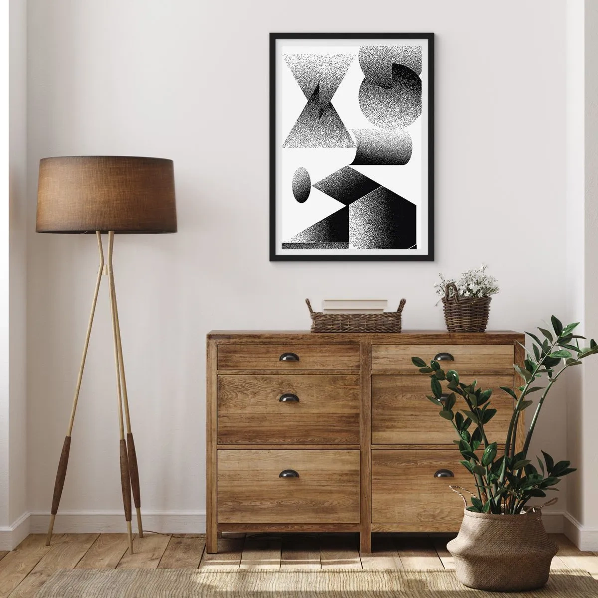Póster en marco negro - Composición abstracta de formas geométricas en blanco y negro. - 50x70cm - Ángulos y óvalos - Decoración de pared moderna para salón y dormitorio ARTTOR