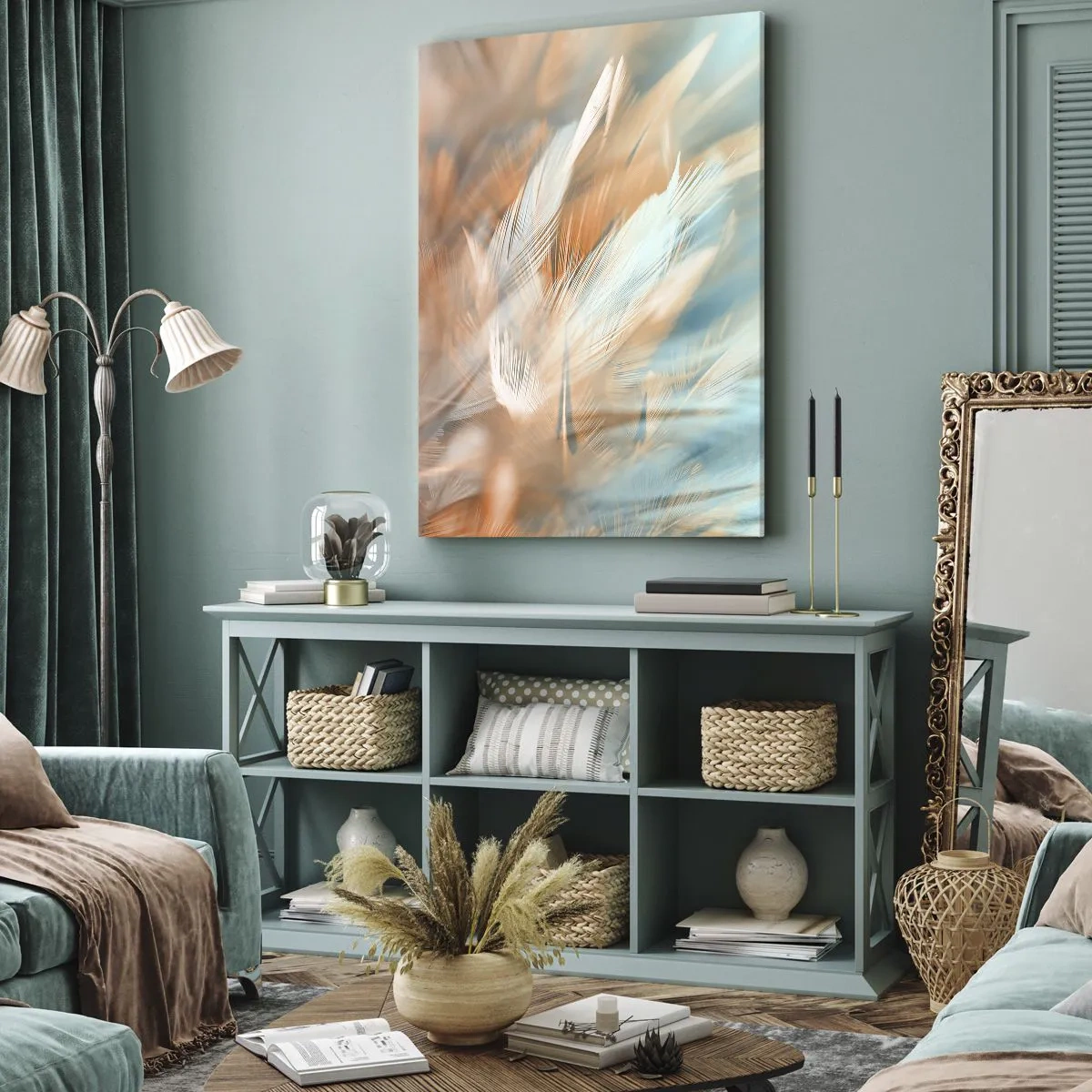 Cuadro sobre lienzo - Impresión de Imagen - Delicadas plumas en tonos pastel de azul y naranja. - 70x100cm - En la tierra de la suavidad - Decoración de pared moderna para salón y dormitorio ARTTOR