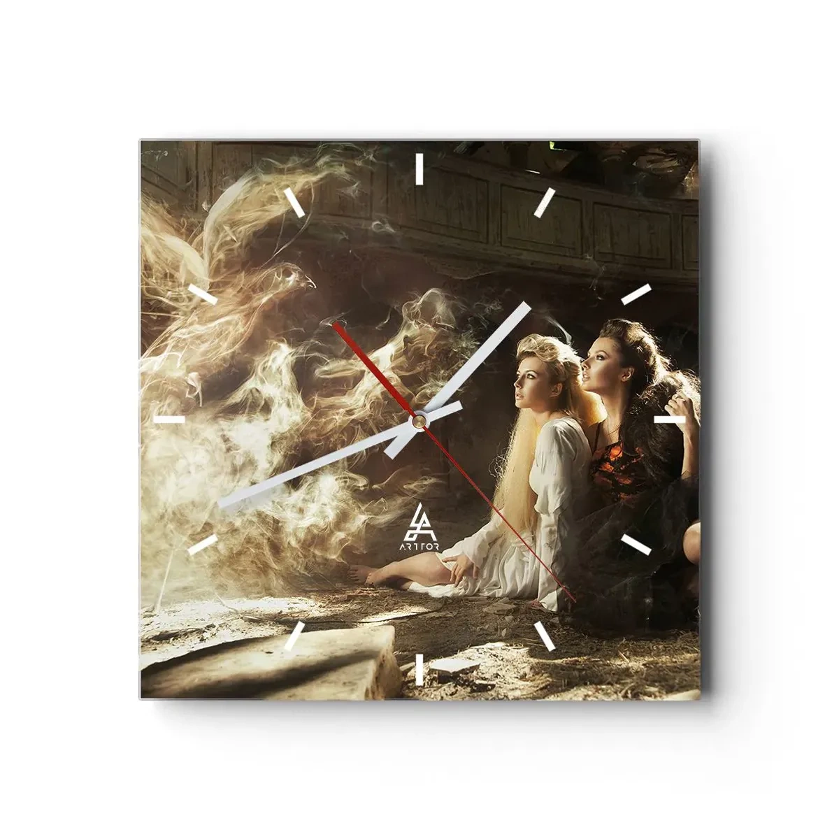 Reloj de pared - Reloj de vidrio - Dos mujeres en un entorno mágico con efectos de iluminación etéreos. - 30x30cm - Y hubo poesía - Decoración de pared moderna para salón y dormitorio ARTTOR