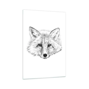 Cuadro sobre vidrio - Impresiones sobre Vidrio - Dibujo en blanco y negro de una cabeza de zorro sobre un fondo blanco. - 70x100cm - ¿Pueden mentir estos ojos? - Decoración de pared moderna para salón y dormitorio ARTTOR