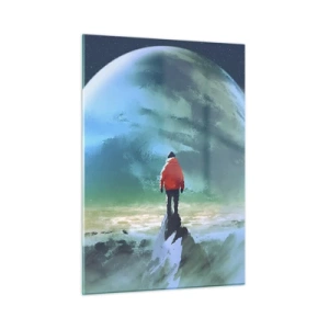 Cuadro sobre vidrio - Impresiones sobre Vidrio - Una figura con una chaqueta roja con un enorme planeta y estrellas como telón de fondo. - 50x70cm - Descubridor de una nueva Tierra - Decoración de pared moderna para salón y dormitorio ARTTOR