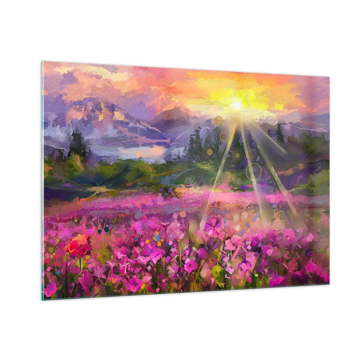 Cuadro sobre vidrio - Impresiones sobre Vidrio - Un pintoresco valle lleno de flores iluminado por los rayos del sol. - 100x70cm - En un valle bajo la protección del sol - Decoración de pared moderna para salón y dormitorio ARTTOR