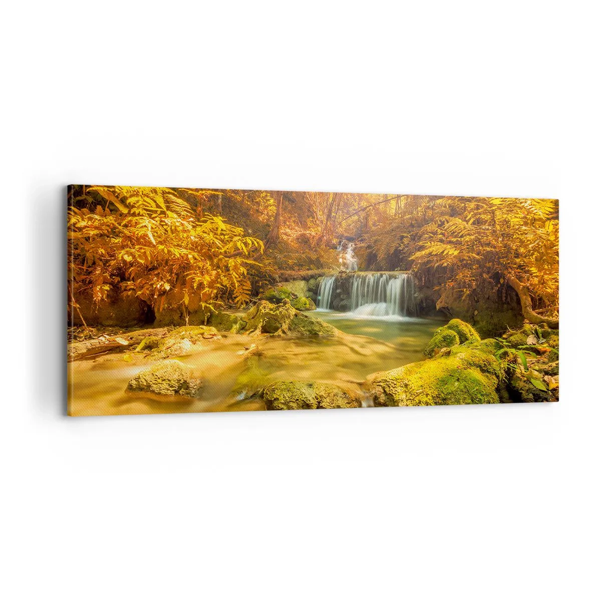 Cuadro sobre lienzo - Impresión de Imagen - Cascada forestal en oro - 100x40 cm