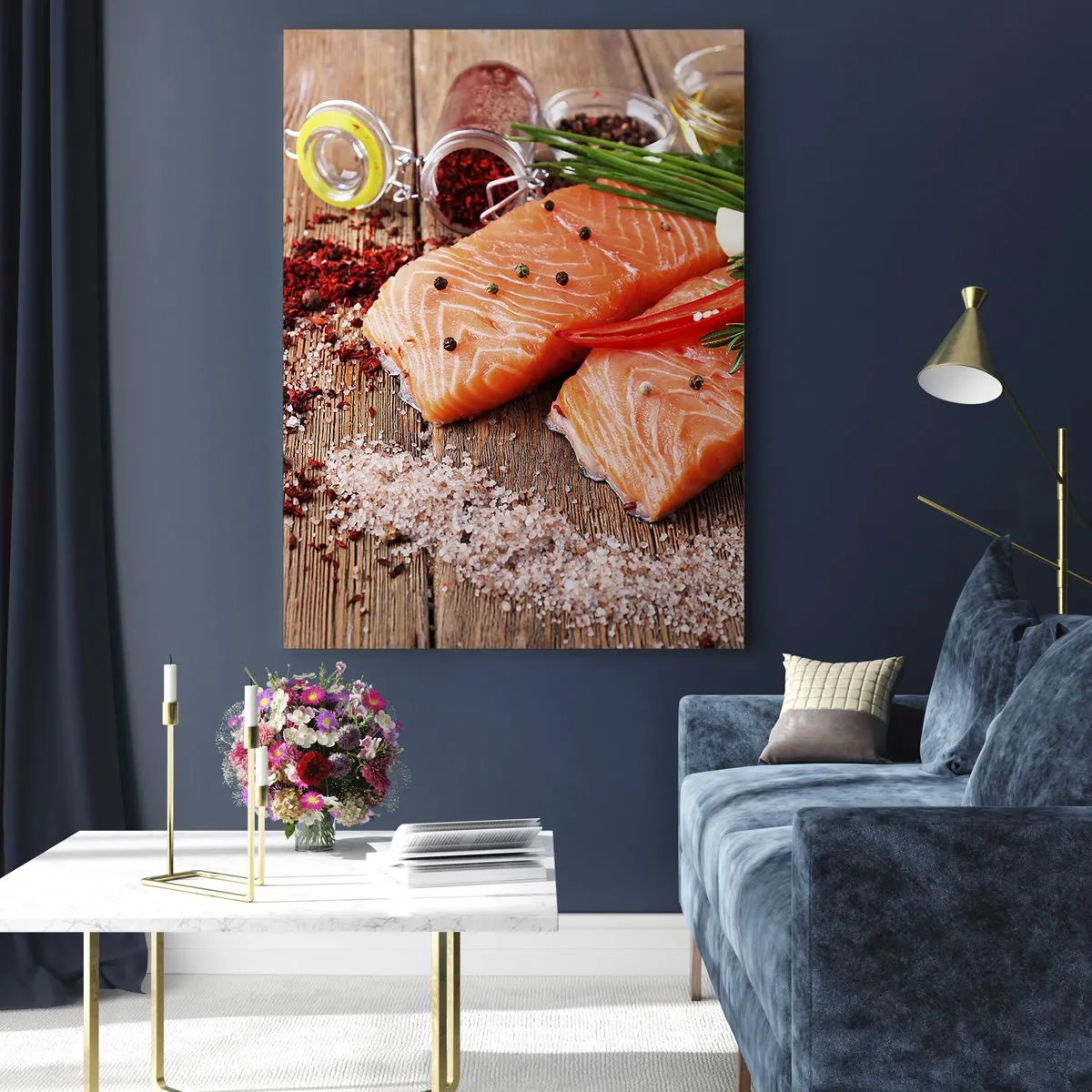 Cuadro sobre vidrio - Impresiones sobre Vidrio - Filetes de salmón con especias sobre fondo de madera. - 70x100cm - Una aventura noruega en la cocina - Decoración de pared moderna para salón y dormitorio ARTTOR