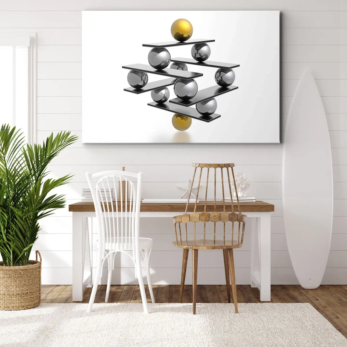 Cuadro sobre lienzo - Impresión de Imagen - Composición geométrica con bolas de metal y acento dorado. - 100x70cm - Balance de oro y plata - Decoración de pared moderna para salón y dormitorio ARTTOR