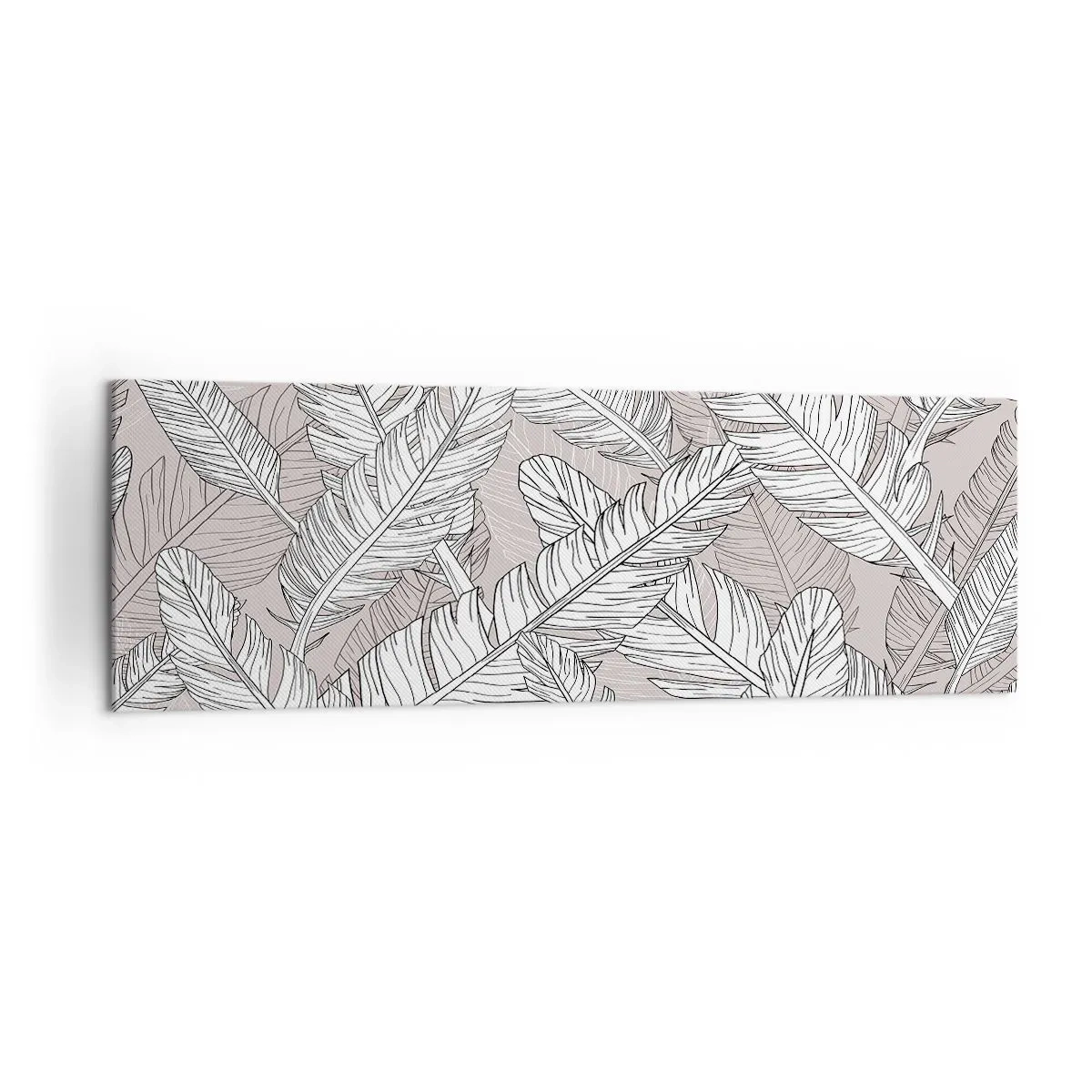 Cuadro sobre lienzo - Impresión de Imagen - Patrón en blanco y negro con hojas de plátano sobre un fondo claro. - 160x50cm - Turbulencias de plumas - Decoración de pared moderna para salón y dormitorio ARTTOR