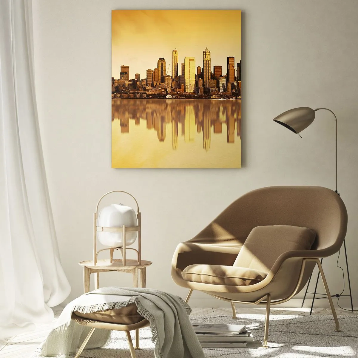 Cuadro sobre vidrio - Impresiones sobre Vidrio - Panorama de la ciudad reflejado en el agua al atardecer - 70x100cm - El silencio de la metrópoli - Decoración de pared moderna para salón y dormitorio ARTTOR