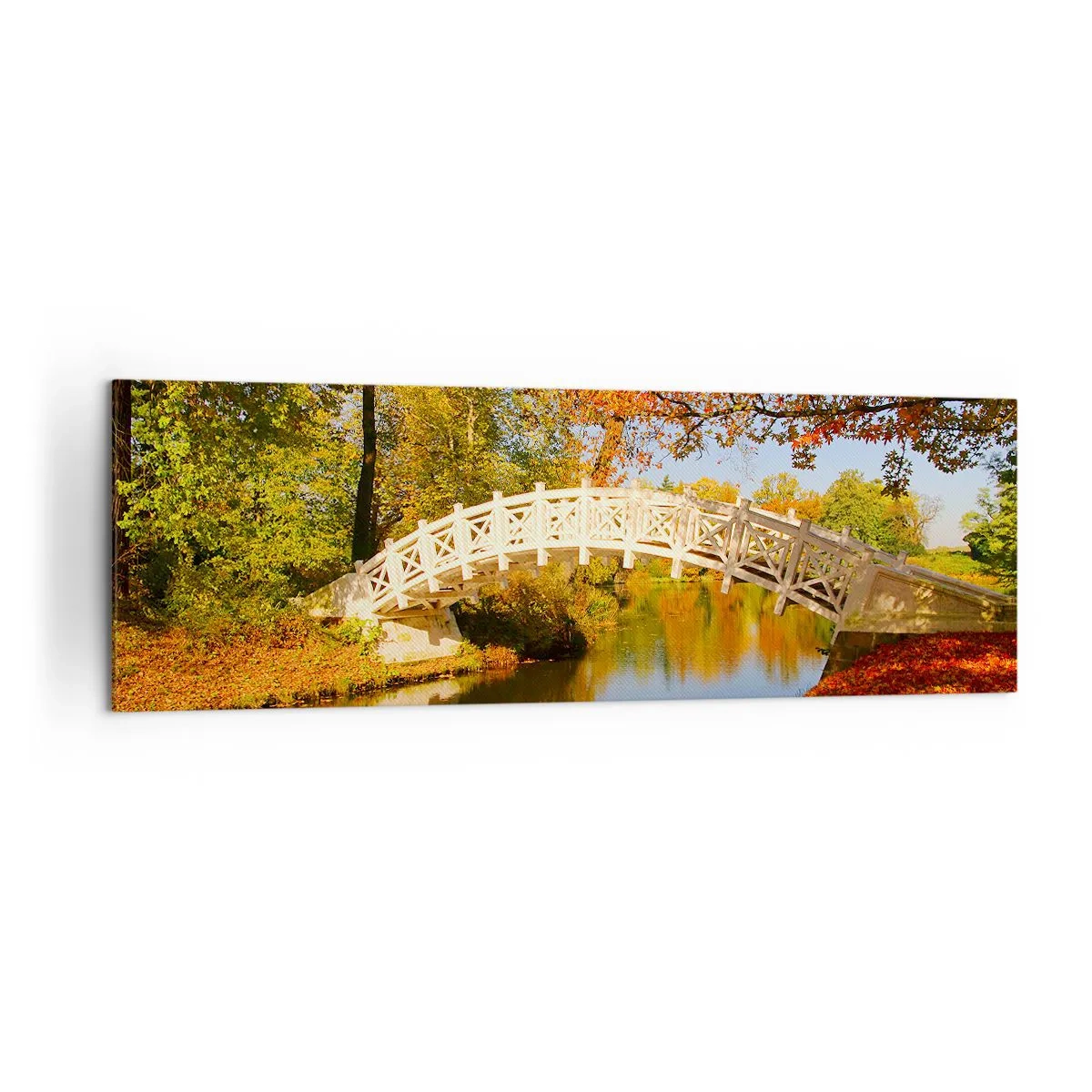 Cuadro sobre lienzo - Impresión de Imagen - Un puente en un parque rodeado de hojas otoñales sobre aguas tranquilas. - 160x50cm - En un puente blanco de suspiros - Decoración de pared moderna para salón y dormitorio ARTTOR