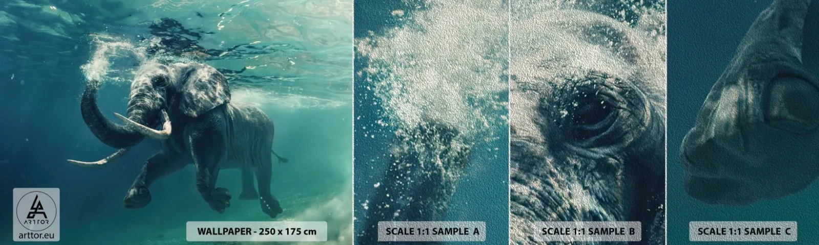 Muestra de fotomural Premium Sand - A todos nos gusta nadar - Abstracción, Elefante, Pedazo - 100x30 cm