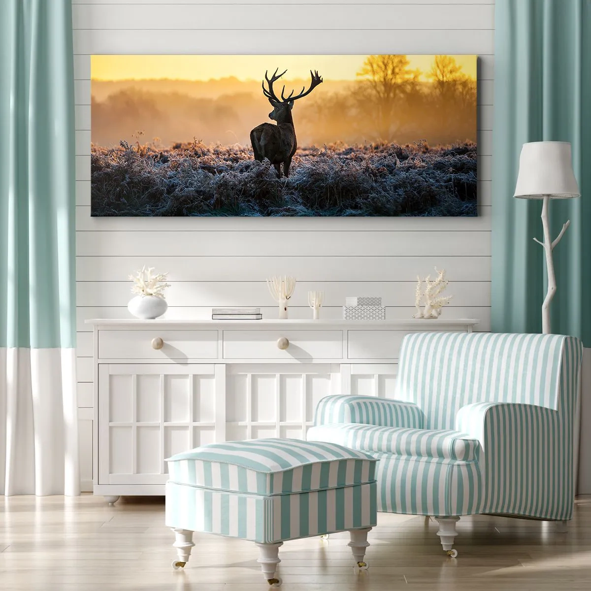 Cuadro sobre lienzo - Impresión de Imagen - Un ciervo en un claro helado al amanecer. - 120x50cm - Coronado en sus propios dominios - Decoración de pared moderna para salón y dormitorio ARTTOR