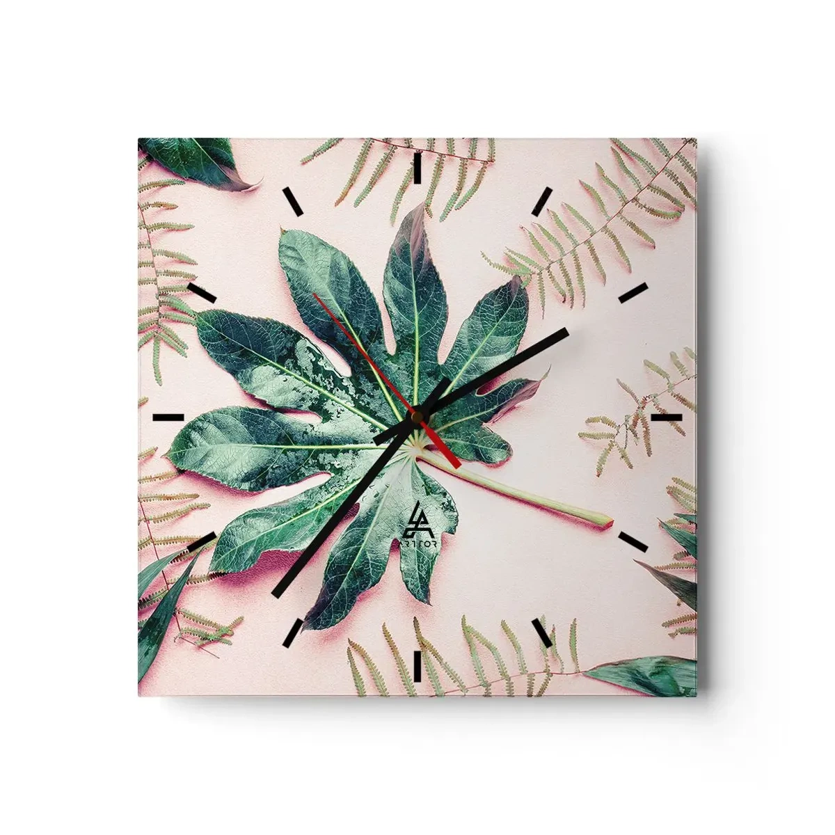 Reloj de pared - Reloj de vidrio - Hojas tropicales sobre un fondo pastel claro. - 30x30cm - Estudio de vegetación sobre fondo rosa - Decoración de pared moderna para salón y dormitorio ARTTOR