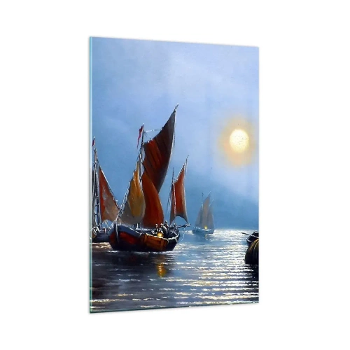 Cuadro sobre vidrio - Impresiones sobre Vidrio - Barcos con velas en aguas tranquilas al atardecer - 80x120cm - Pesca nocturna - Decoración de pared moderna para salón y dormitorio ARTTOR