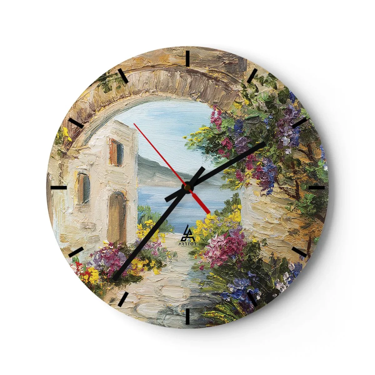 Reloj de pared - Reloj de vidrio - Una calle atmosférica con flores y vistas al mar. - 30x30cm - El encanto del paisaje costero - Decoración de pared moderna para salón, cocina y dormitorio ARTTOR
