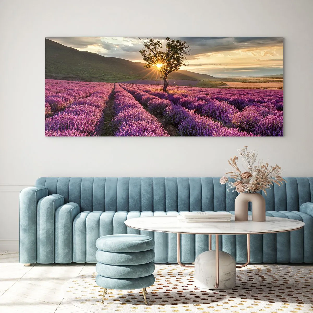 Cuadro sobre vidrio - Impresiones sobre Vidrio - Un campo de lavanda con un árbol solitario al atardecer. - 140x50cm - Aroma en lila - Decoración de pared moderna para salón y dormitorio ARTTOR