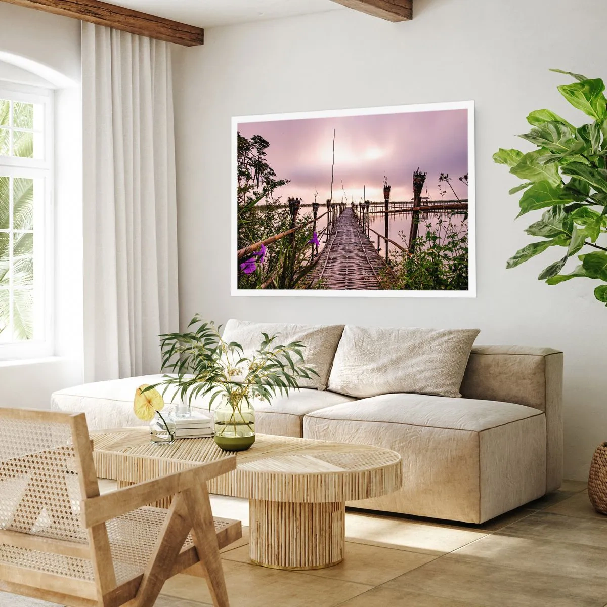 Póster - Puente de bambú sobre el agua al amanecer - 100x70cm - La tranquilidad de Asia - Decoración de pared moderna para salón y dormitorio ARTTOR