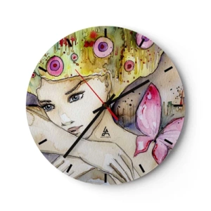 Reloj de pared - Reloj de vidrio - Una pintura de acuarela de una mujer con un motivo de mariposa y detalles coloridos. - 30x30cm - Una princesa mariposa - Decoración de pared moderna para salón, cocina y dormitorio ARTTOR