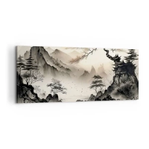 Cuadro sobre lienzo - Impresión de Imagen - Un paisaje oriental con montañas y una pagoda en tonos delicados. - 120x50cm - El encanto único de Oriente - Decoración de pared moderna para salón y dormitorio ARTTOR