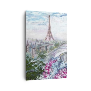 Cuadro sobre lienzo - Impresión de Imagen - Una vista romántica de París con la Torre Eiffel y un balcón lleno de flores. - 80x120cm - Mayo mágico en París - Decoración de pared moderna para salón y dormitorio ARTTOR