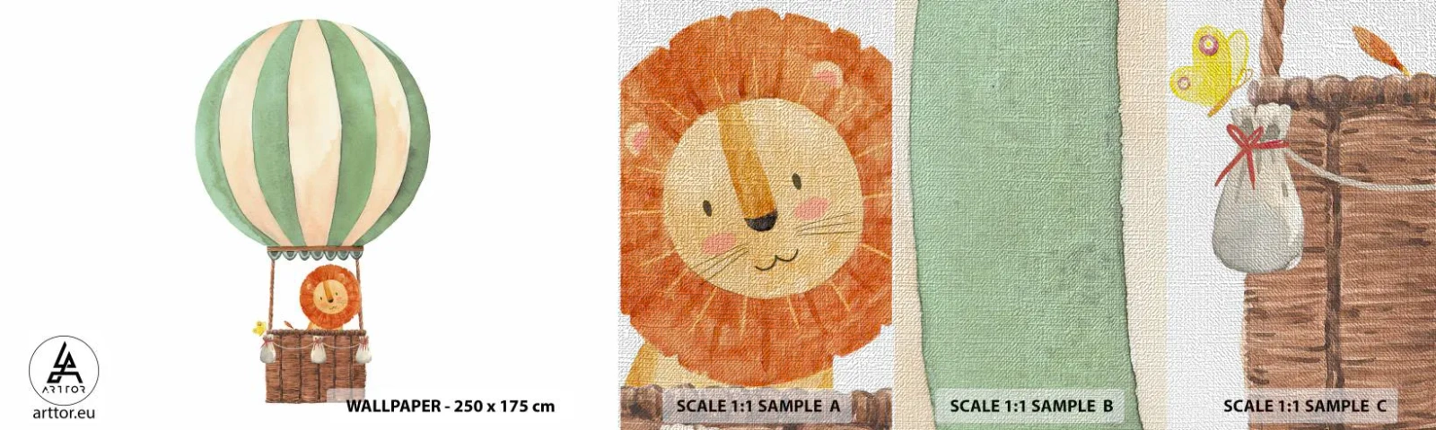 Muestra de fotomural Premium Canvas - Los viajes del león - Globo, León, Para niños - 100x30 cm