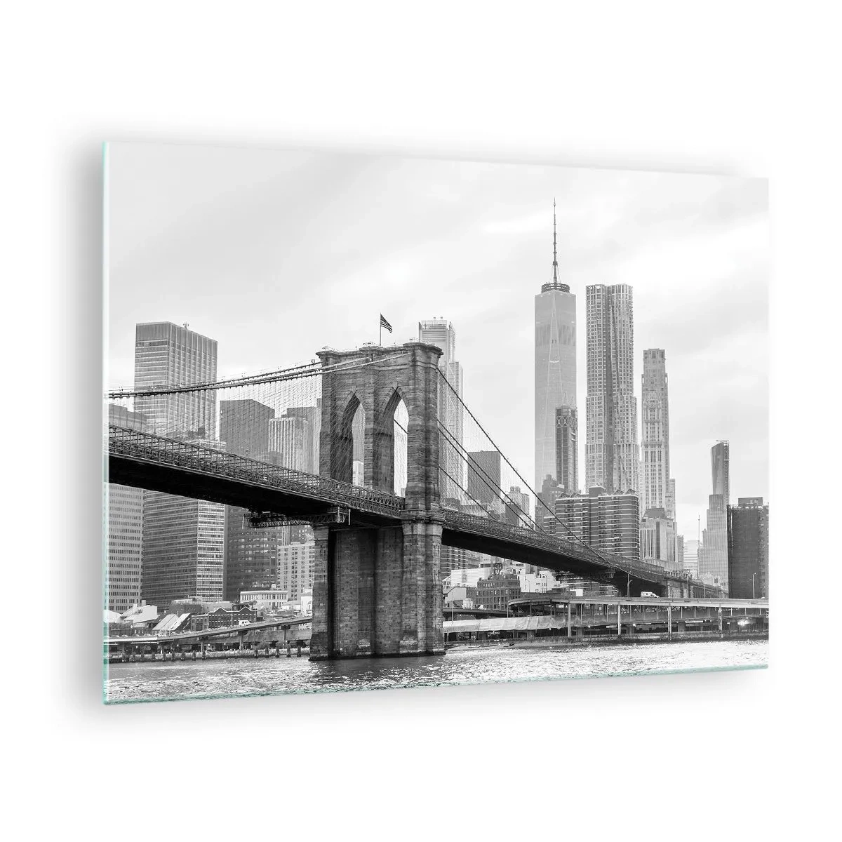 Cuadro sobre vidrio - Impresiones sobre Vidrio - Fotografía en blanco y negro de un puente y paisaje urbano. - 70x50cm - Vibraciones de Nueva York - Decoración de pared moderna para salón y dormitorio ARTTOR