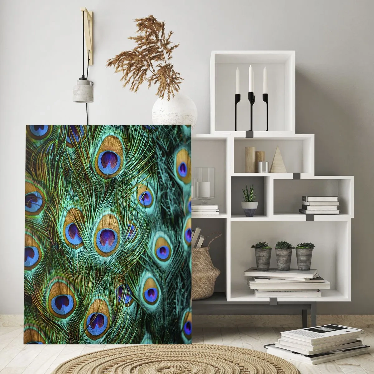 Cuadro sobre vidrio - Impresiones sobre Vidrio - Detalle de plumas de pavo real con ojos distintivos. - 50x70cm - Mirada de pavo real - Decoración de pared moderna para salón y dormitorio ARTTOR
