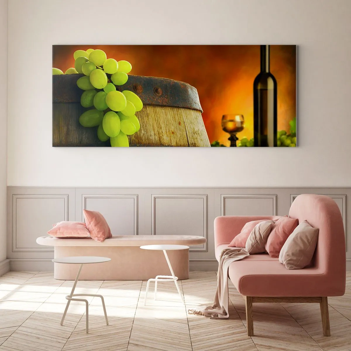 Cuadro sobre vidrio - Impresiones sobre Vidrio - Bodegón con botella de vino y racimo de uvas - 90x30 cm