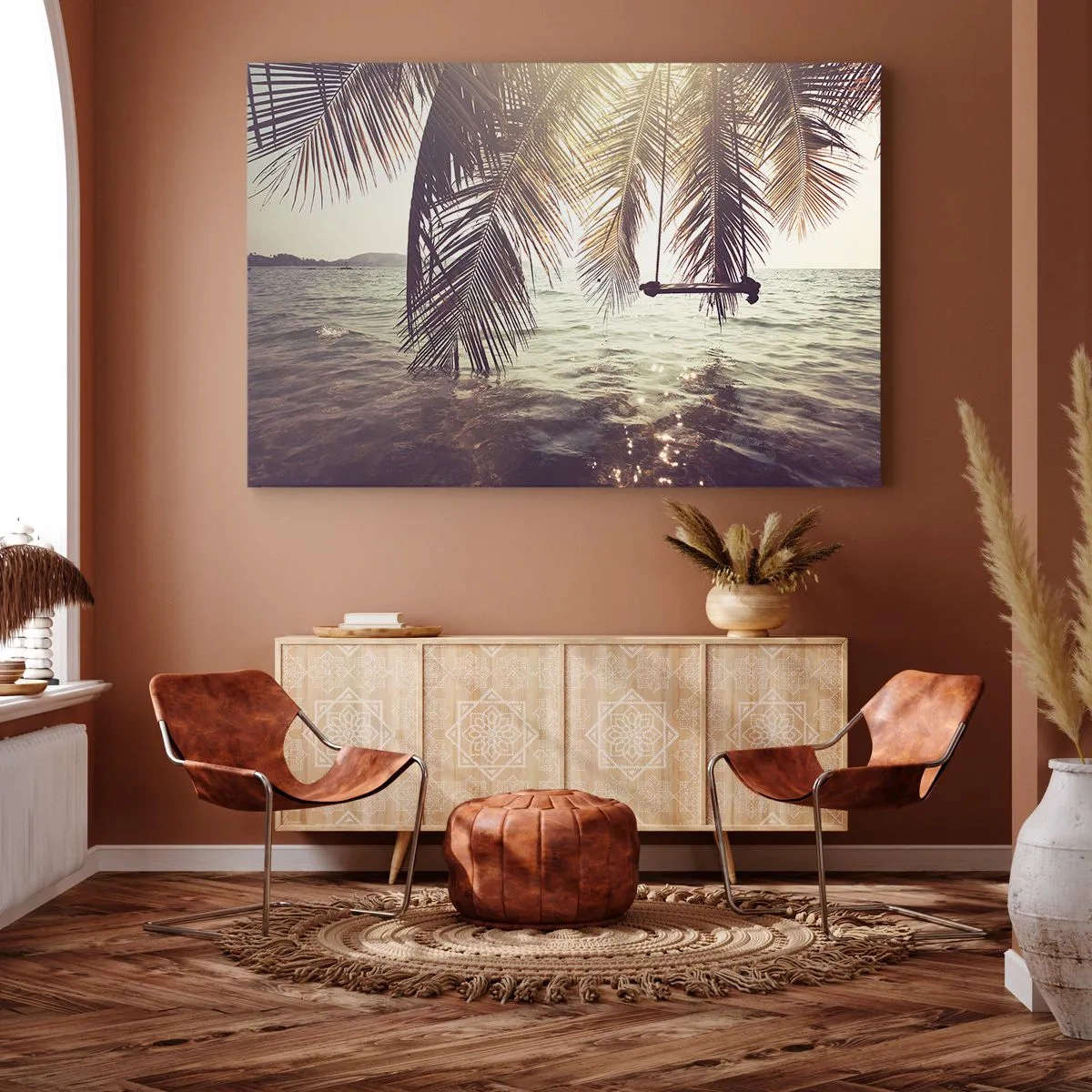 Cuadro sobre lienzo - Impresión de Imagen - Palmera con columpio sobre el agua bajo la luz del sol. - 120x80cm - Columpiar la imaginación - Decoración de pared moderna para salón y dormitorio ARTTOR