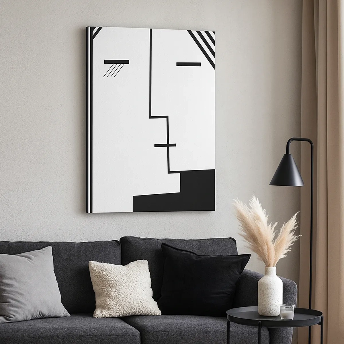 Cuadro sobre lienzo - Impresión de Imagen - Abstracción geométrica de un beso en blanco y negro. - 50x70cm - Solo un beso - Decoración de pared moderna para salón y dormitorio ARTTOR