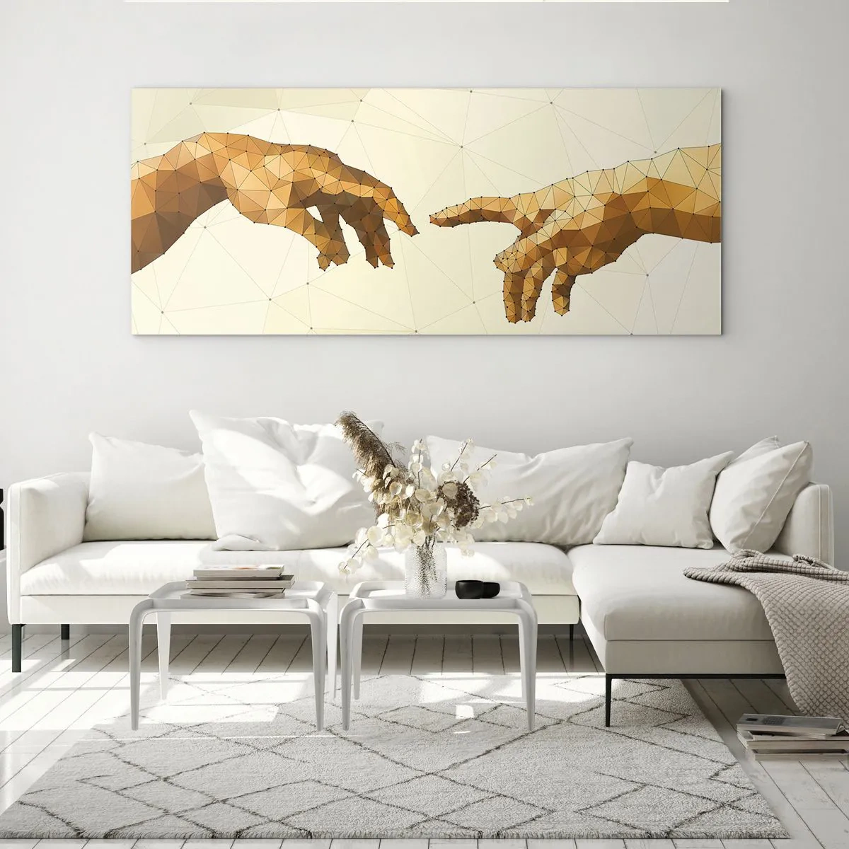 Cuadro sobre vidrio - Impresiones sobre Vidrio - Manos geométricas que se extienden una hacia la otra sobre un fondo claro. - 120x50cm - Geometría divina - Decoración de pared moderna para salón y dormitorio ARTTOR