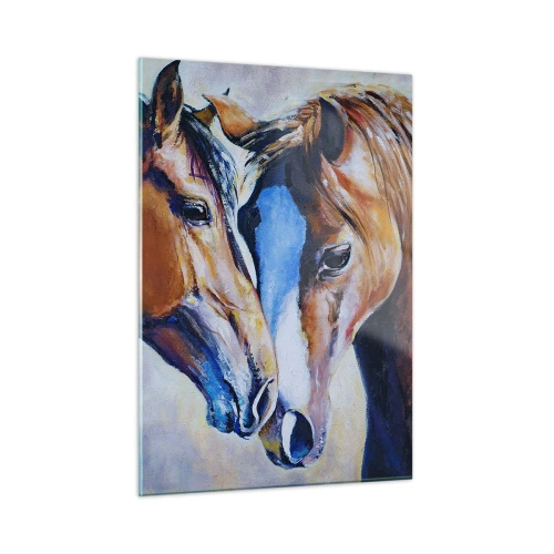 Cuadro sobre vidrio - Impresiones sobre Vidrio - Dos caballos en un tierno gesto de cercanía. - 50x70cm - ¿Esto es amistad? ¿Es amor? - Decoración de pared moderna para salón y dormitorio ARTTOR
