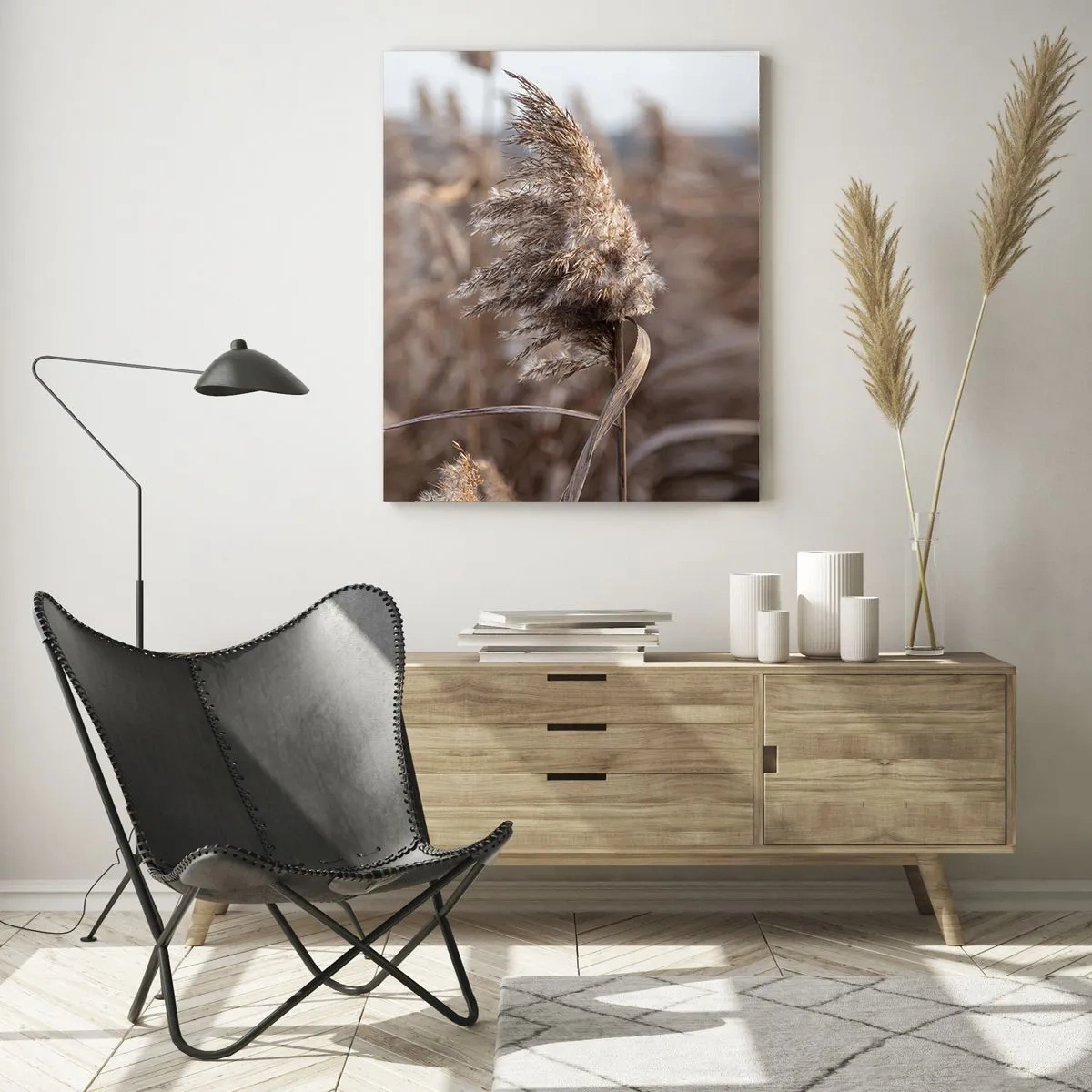 Cuadro sobre vidrio - Impresiones sobre Vidrio - Delicadas hierbas en tonos beige sobre el fondo de la naturaleza. - 80x120cm - Es hora de volar con el viento - Decoración de pared moderna para salón y dormitorio ARTTOR