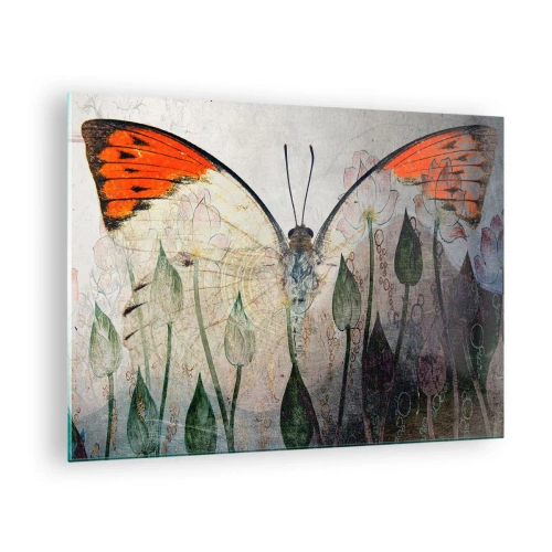 Cuadro sobre vidrio - Impresiones sobre Vidrio - Una mariposa artística rodeada de delicadas flores sobre un fondo gris. - 70x50cm - Donde la mariposa se mece en la hierba - Decoración de pared moderna para salón y dormitorio ARTTOR