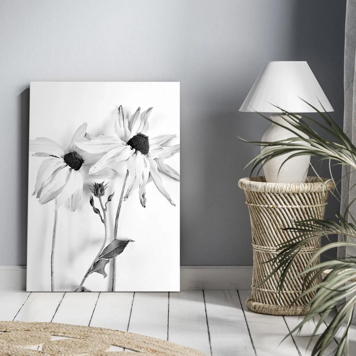 Cuadro sobre lienzo - Impresión de Imagen - Flores en blanco y negro con una composición sutil. - 50x70cm - Nadie quiere estar solo - Decoración de pared moderna para salón y dormitorio ARTTOR