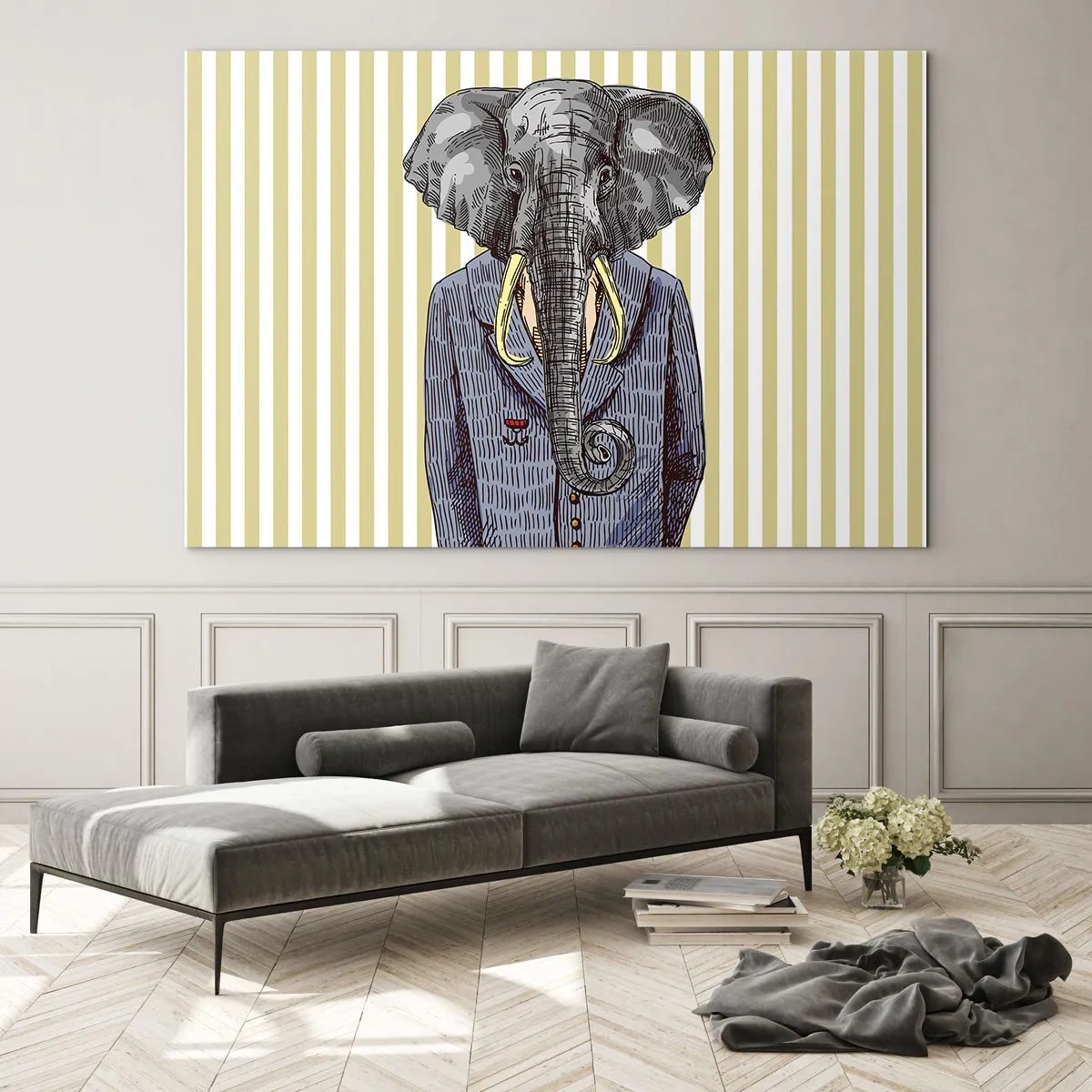 Cuadro sobre vidrio - Impresiones sobre Vidrio - Un elefante con traje sobre un fondo de rayas amarillas. - 120x80cm - Elegante por naturaleza - Decoración de pared moderna para salón y dormitorio ARTTOR