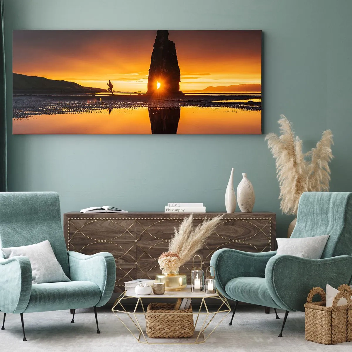 Cuadro sobre lienzo - Impresión de Imagen - Persona corriendo en la playa al atardecer con formación rocosa - 160x50cm - Solo tú y la naturaleza - Decoración de pared moderna para salón y dormitorio ARTTOR