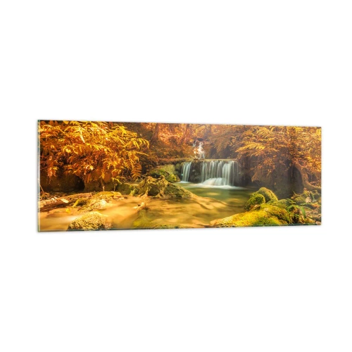 Cuadro sobre vidrio - Impresiones sobre Vidrio - Cascada forestal en oro - 90x30 cm