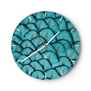 Reloj de pared - Reloj de vidrio - Un primer plano de plumas de pavo real turquesa en un arreglo decorativo. - 30x30cm - La gran gala de las plumas - Decoración de pared moderna para salón, cocina y dormitorio ARTTOR